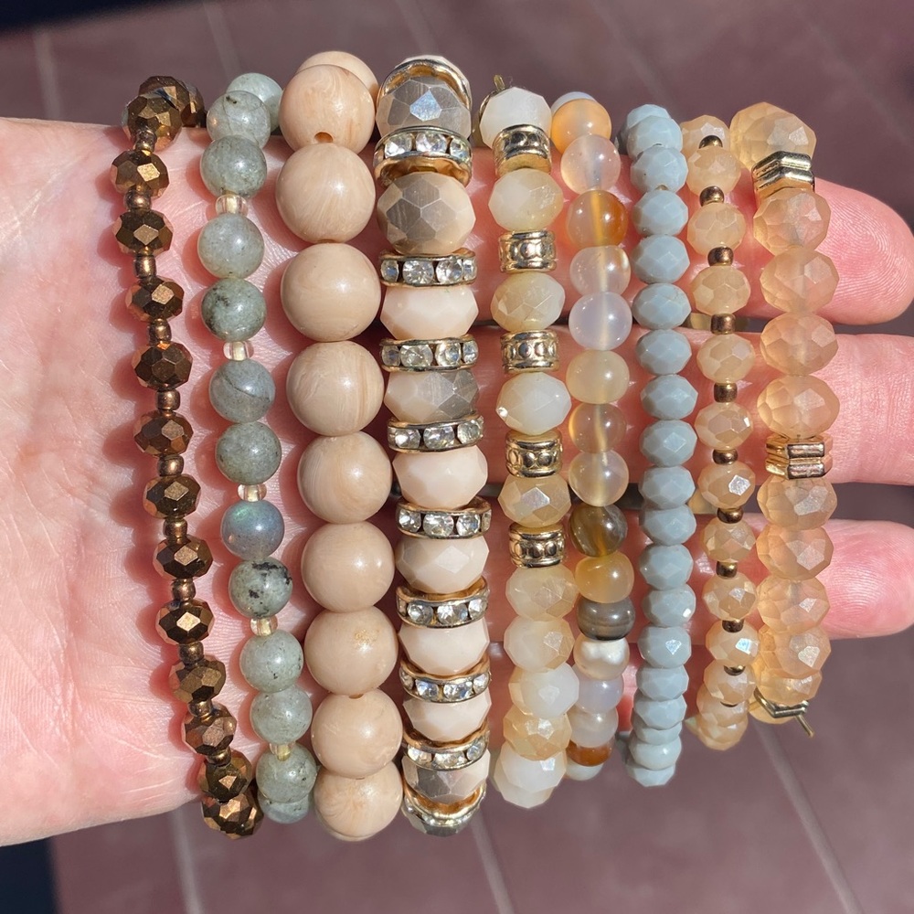 Set of (9) neutral colors & sparkly fashion stretch  bracelets